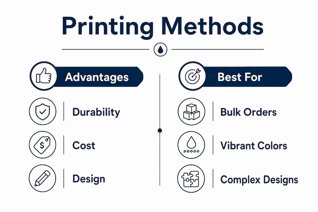 Infographic comparing t-shirt printing methods advantages and uses