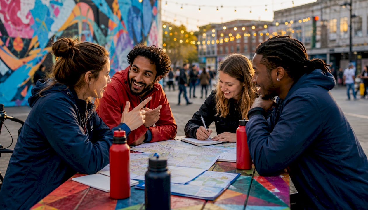Group collaborating outdoors on cycling tour plans