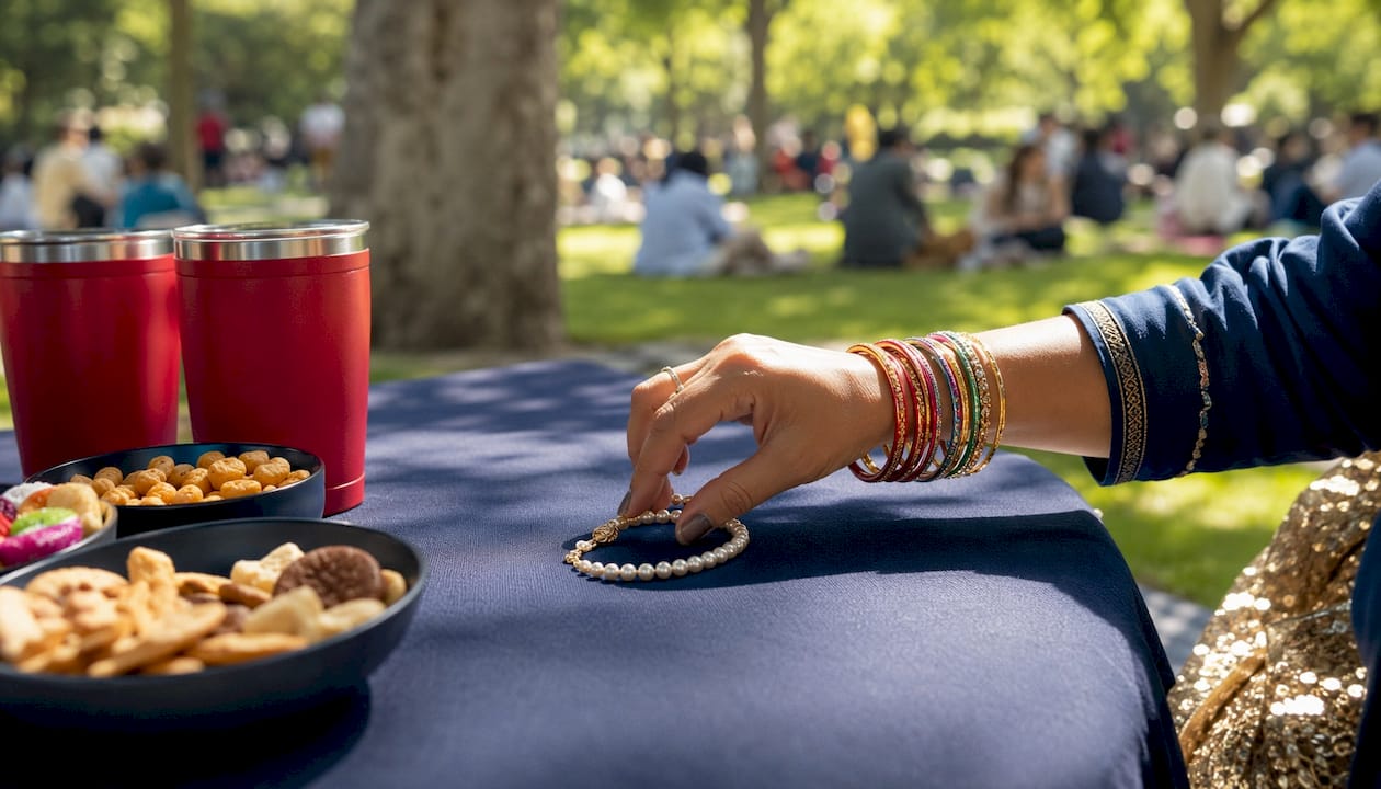 Hand arranging pearl necklace on picnic blanket