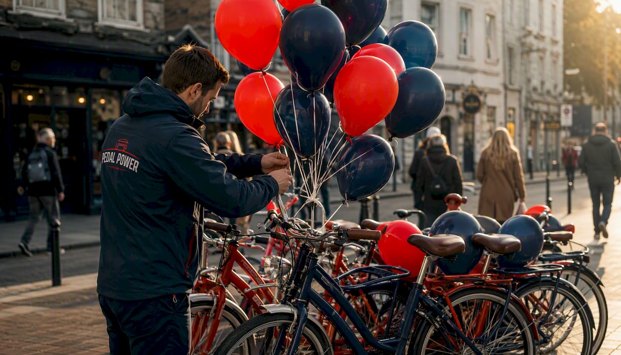 Worker attaching balloons to rental bicycles outdoors