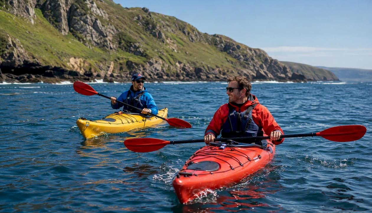 Two men kayaking on Irish coastal waters