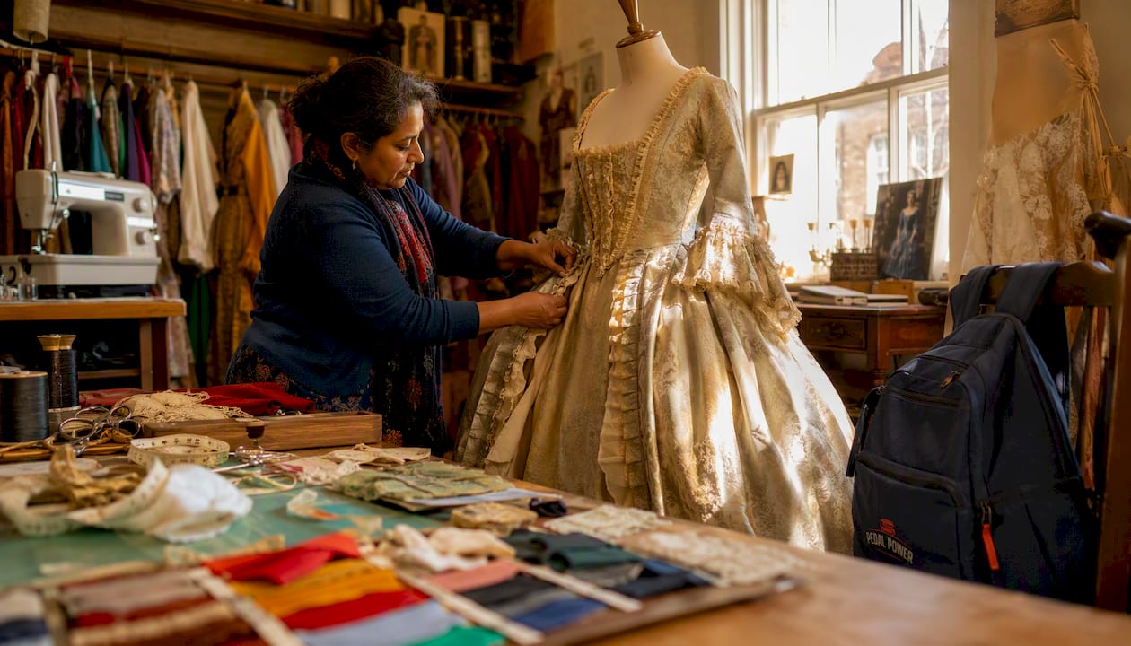 Woman fitting 18th-century gown in Galway costume rental studio