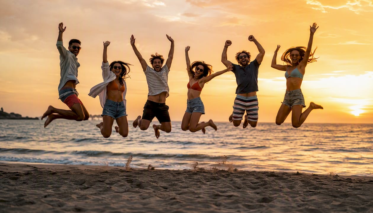 Group jumping energetically in outdoor photo