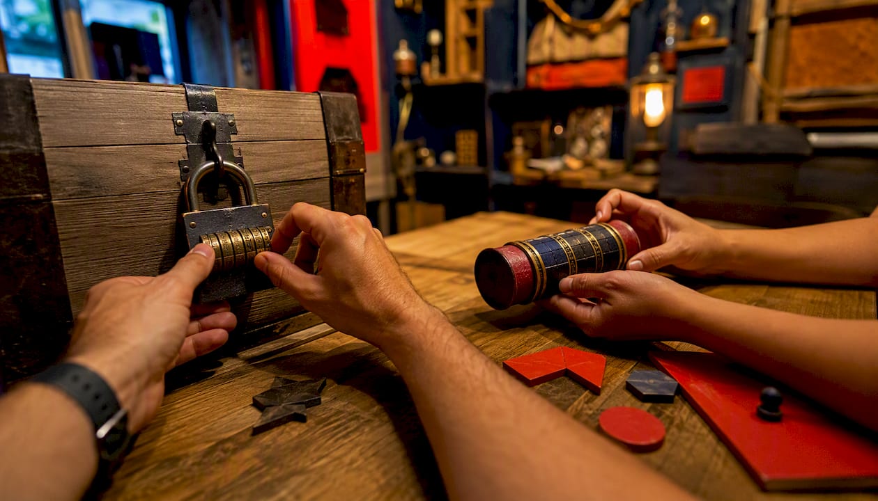 Hands working on escape room puzzle lock