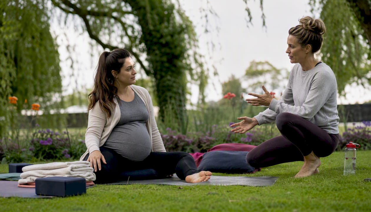 Pregnant woman in gentle pregnancy yoga class
