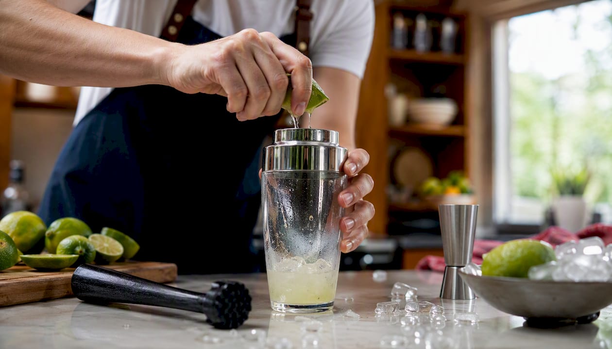 Hands pouring cocktail in shaker