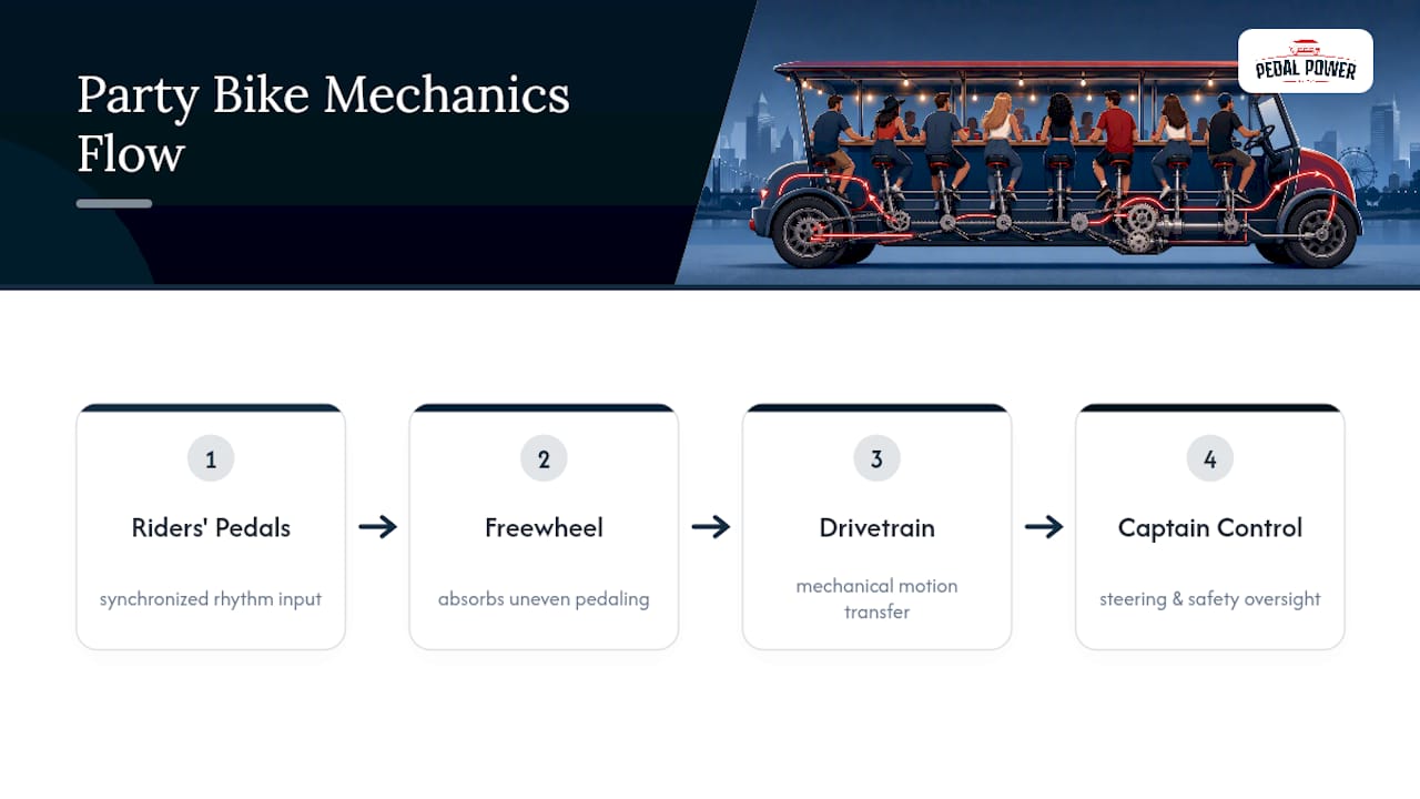 Diagram showing party bike drivetrain mechanics and freewheel function