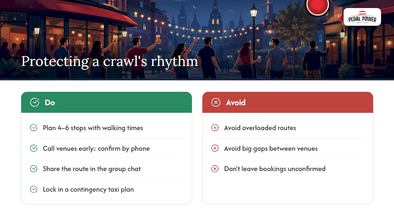 What Three Things Actually Protect A Pub Crawl's Rhythm? — overview diagram