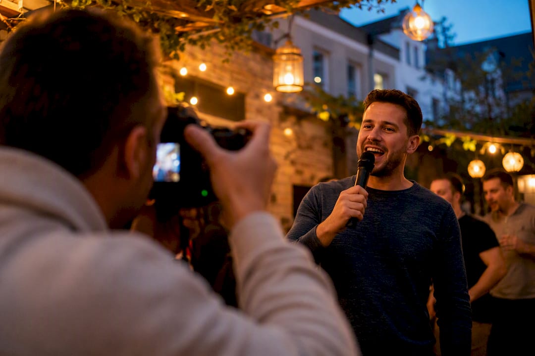 Person photographing karaoke challenge at night