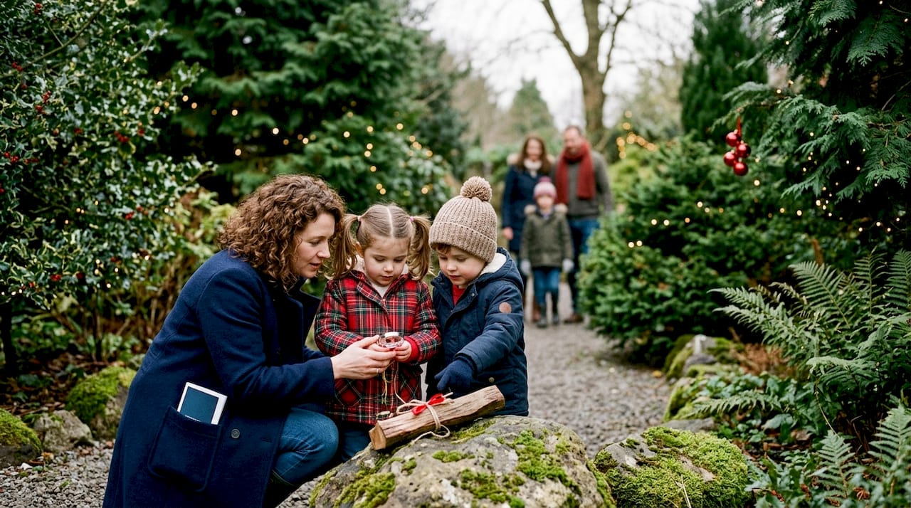 Families exploring a Christmas treasure hunt