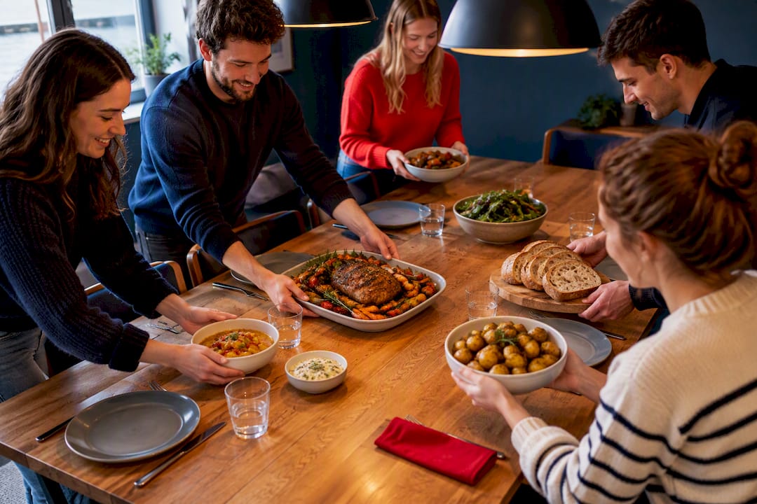 Hearty shared meal prepared for group guests
